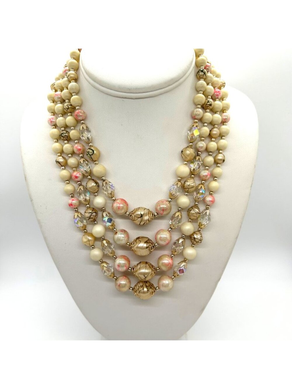 Vintage 4-Strand Japan Necklace Pink Swirl Beads Glass Acrylic Gold-Tone 1950s - Picture 1 of 16